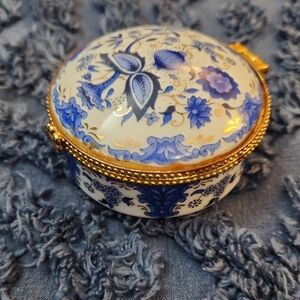 Floral Porcelain Trinket Box with Gold Accents
